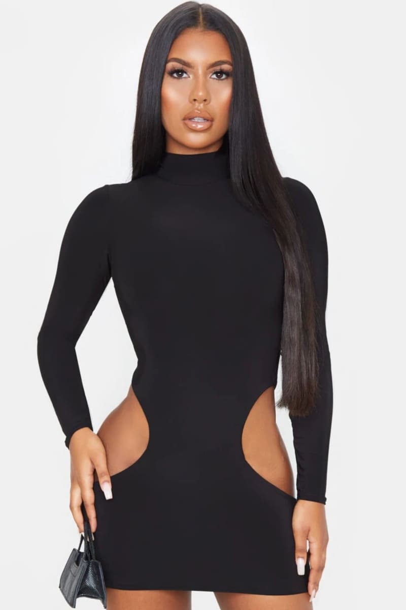 Black Turtleneck Hip Cut Out Short Dress Dress