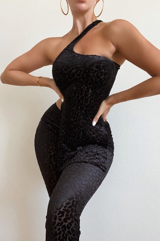 Black Velvet One Shoulder Leopard Print Mesh Jumpsuit S / Jumpsuits & Rompers