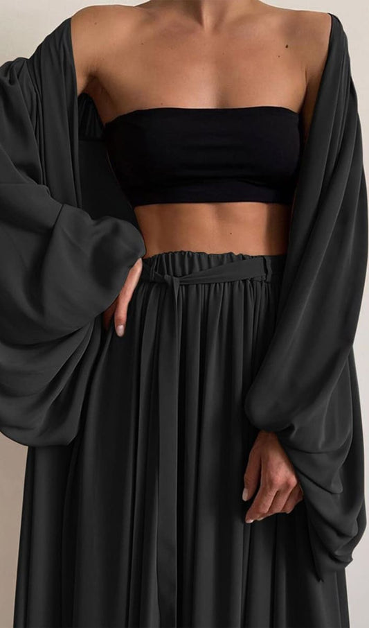 Black Wide Leg Palazzo Pants And Beach Kimono Set S / Outfit Sets