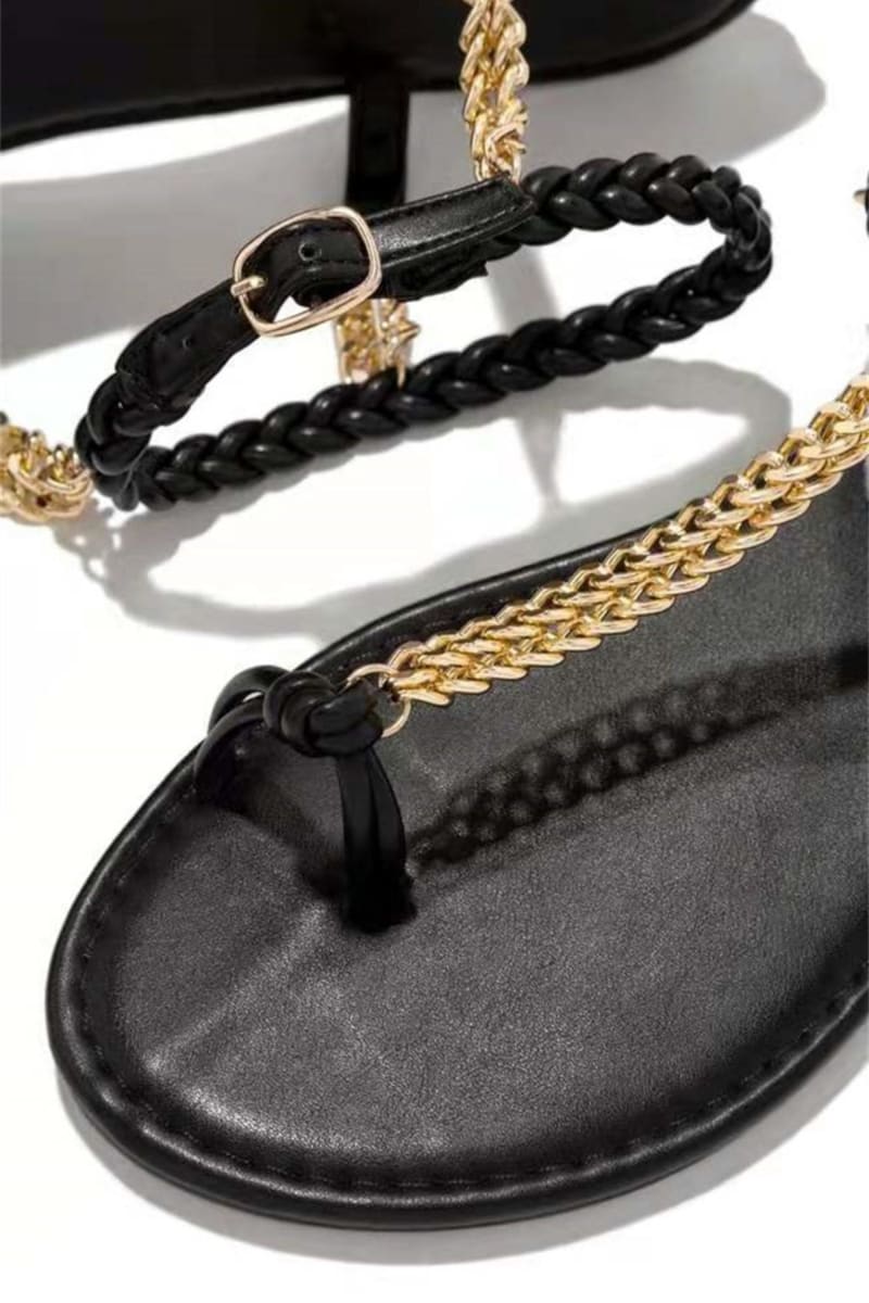 Black Woven Ankle Straps Chain Flat Sandals Shoes