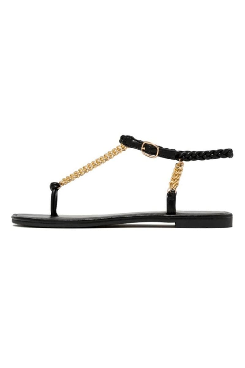 Black Woven Ankle Straps Chain Flat Sandals Shoes