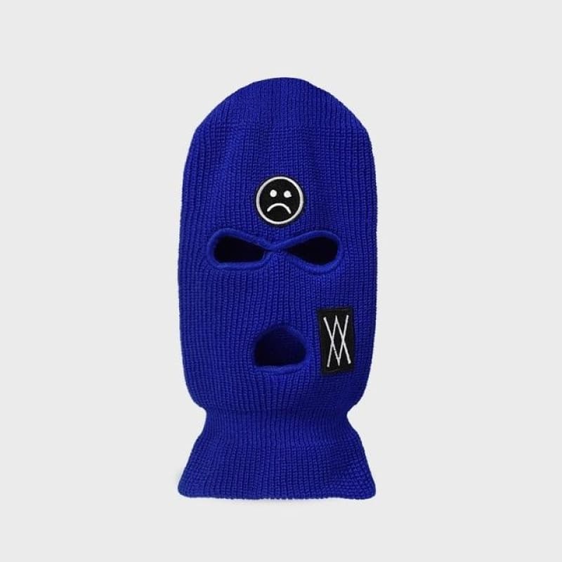 Blue 3 Holes Balaclava With Sad Face Embroidery