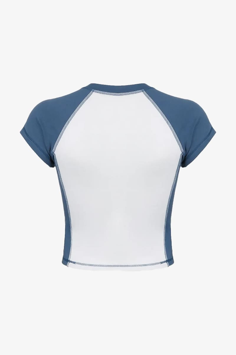 Blue And White Raglan Graphic Crop Top