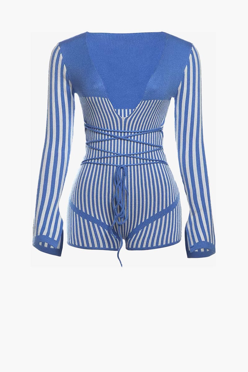 Blue And White Striped Knit Lace-Up Romper