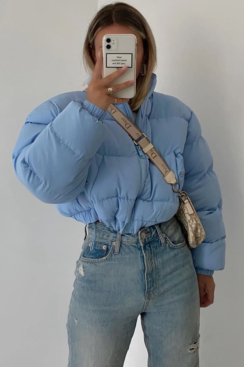 Blue Cropped Bubble Puffer Jacket / L Coats & Jackets