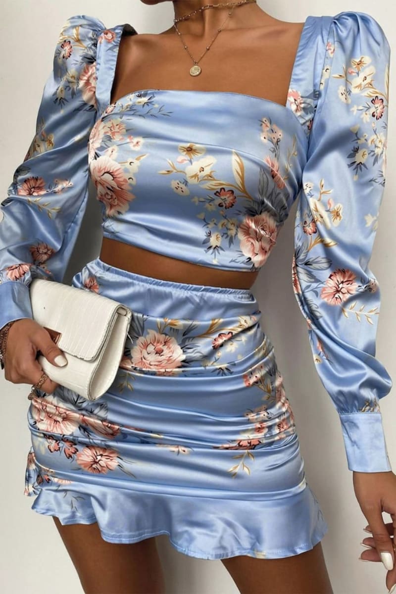 Blue Floral Print Satin Ruffle Two Piece Dress Outfit Sets