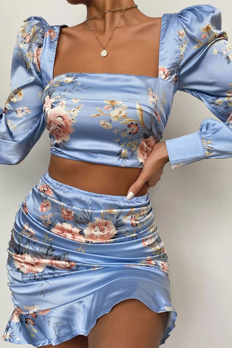 Blue Floral Print Satin Ruffle Two Piece Dress Outfit Sets