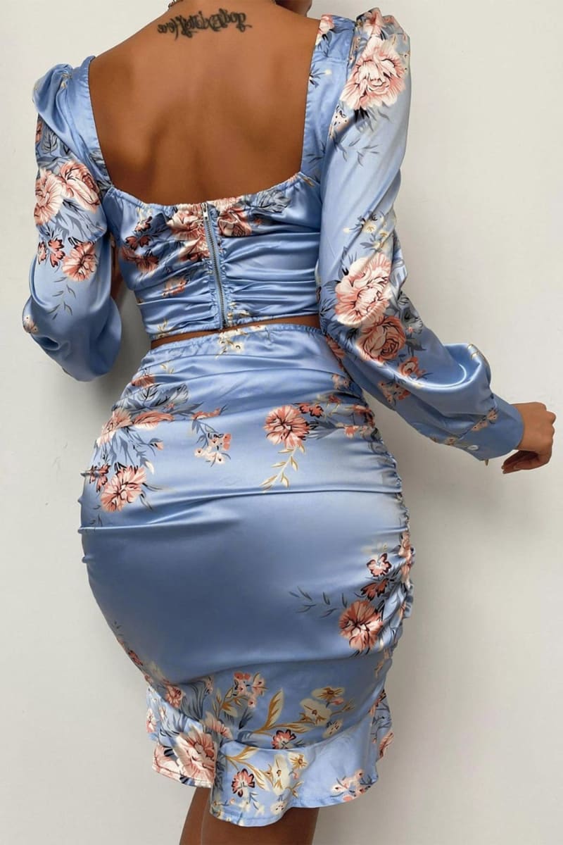 Blue Floral Print Satin Ruffle Two Piece Dress Outfit Sets