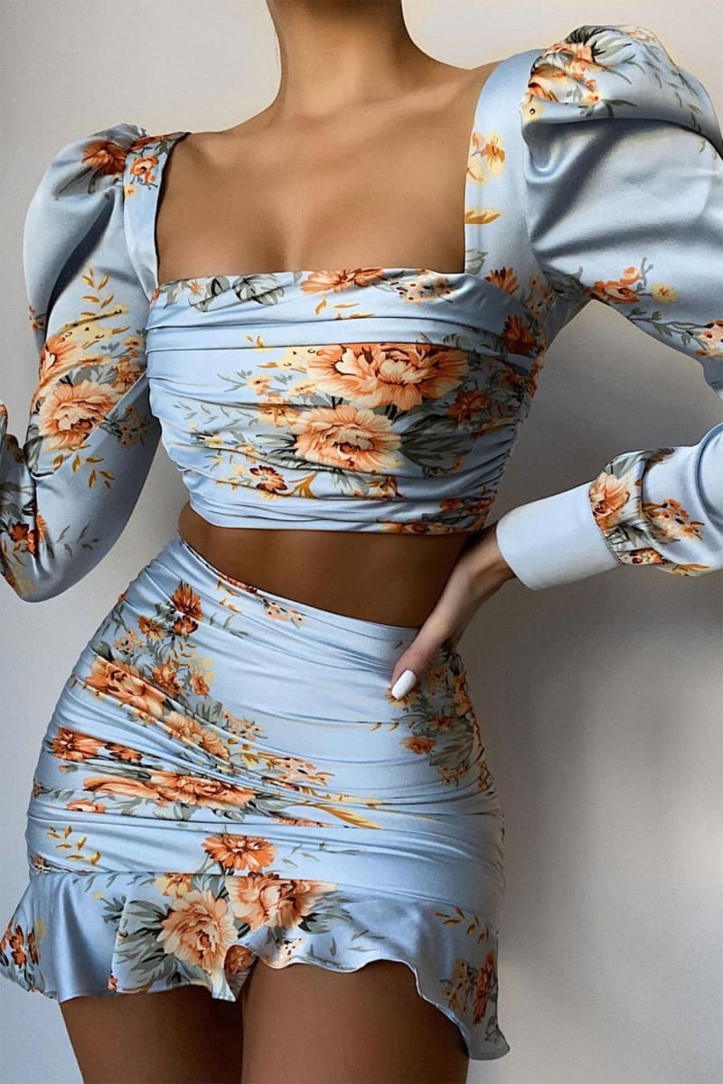 Blue Floral Print Satin Ruffle Two Piece Dress Outfit Sets