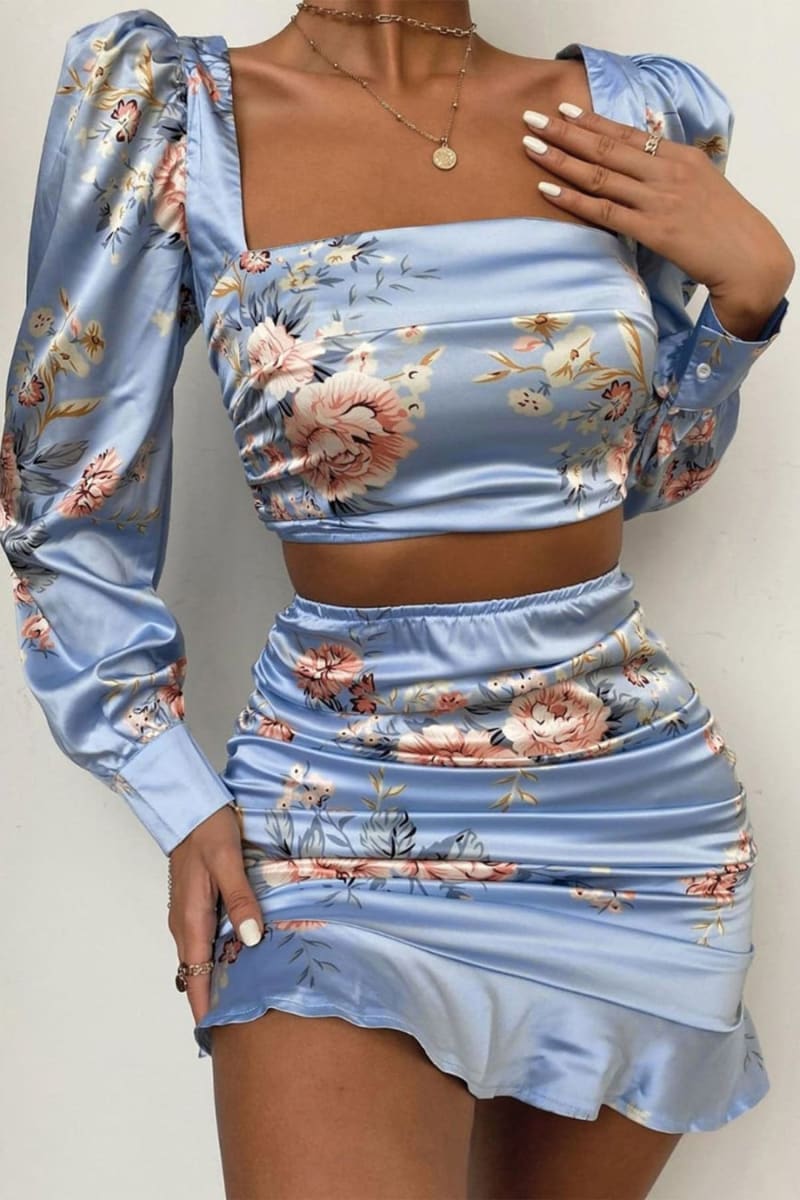 Blue Floral Print Satin Ruffle Two Piece Dress S / Outfit Sets