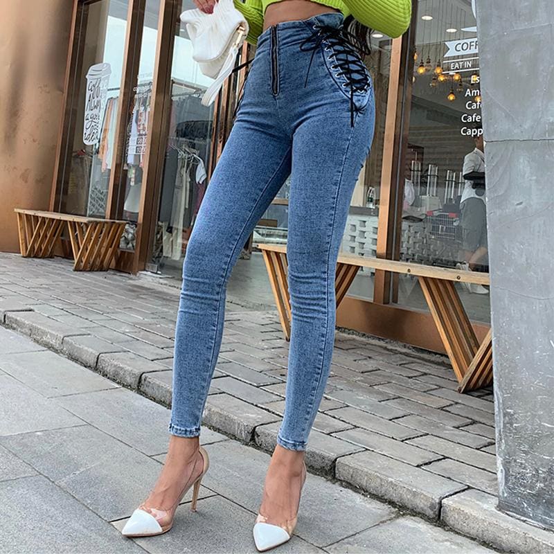 Blue High Waisted Front Zipper Lace Up Skinny Jeans Jeans