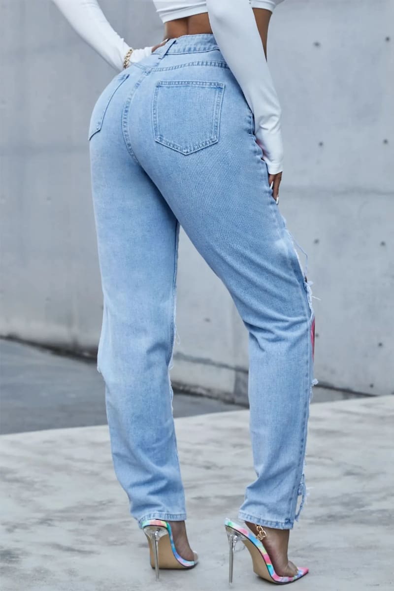 Blue High Waisted Heart Print Ripped Mom Jeans Pants