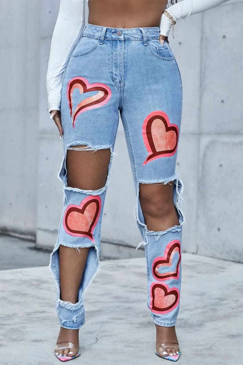 Blue High Waisted Heart Print Ripped Mom Jeans Pants