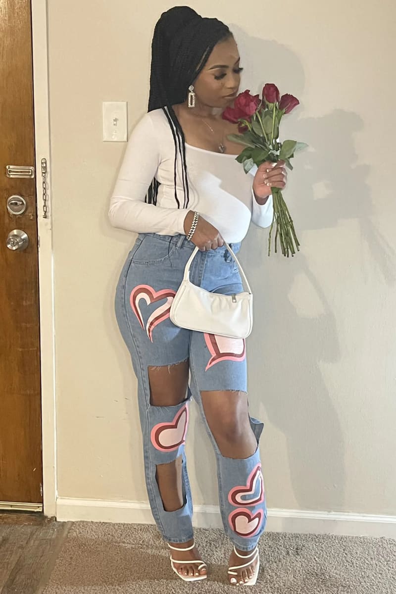 Blue High Waisted Heart Print Ripped Mom Jeans Pants