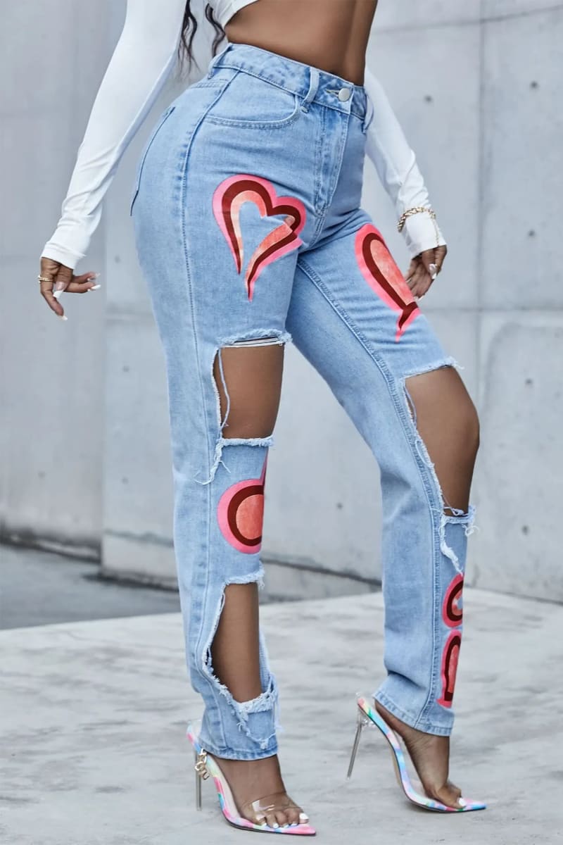 Blue High Waisted Heart Print Ripped Mom Jeans Pants