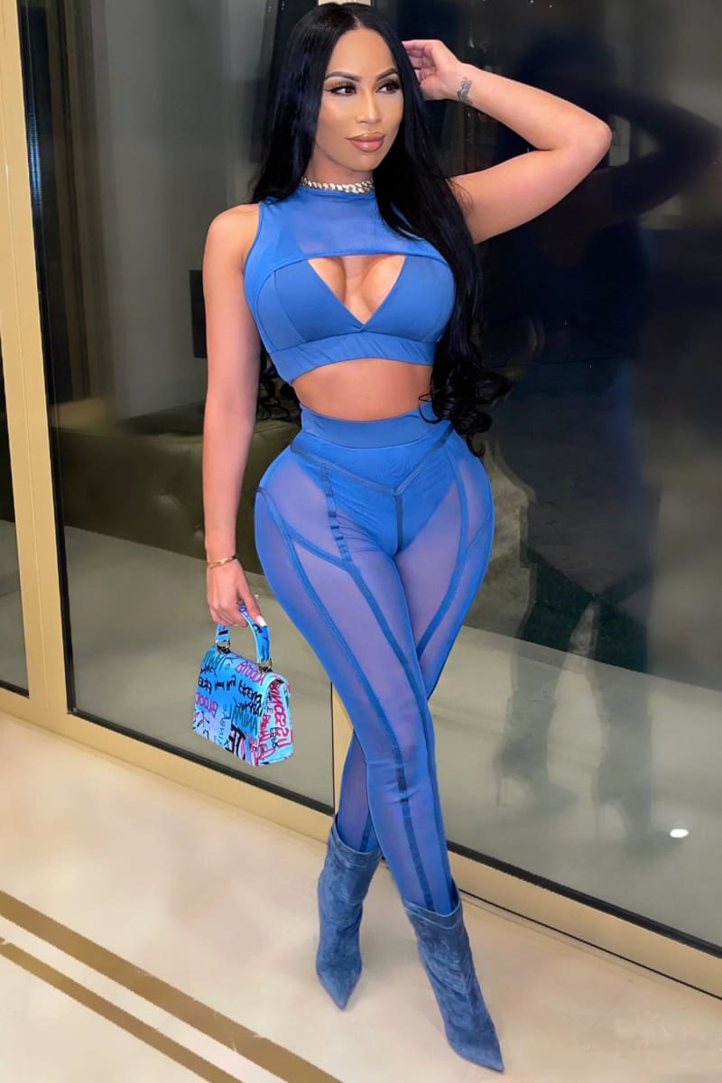 Blue High Waisted See Through Sheer Leggings Pants