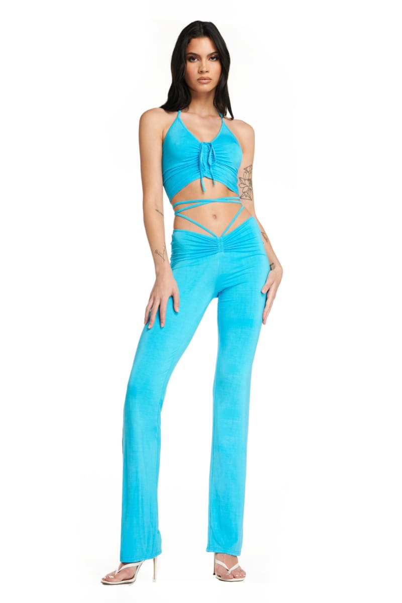 Blue Lace-Up Ruched Flare Pants & Halter Crop Top Set