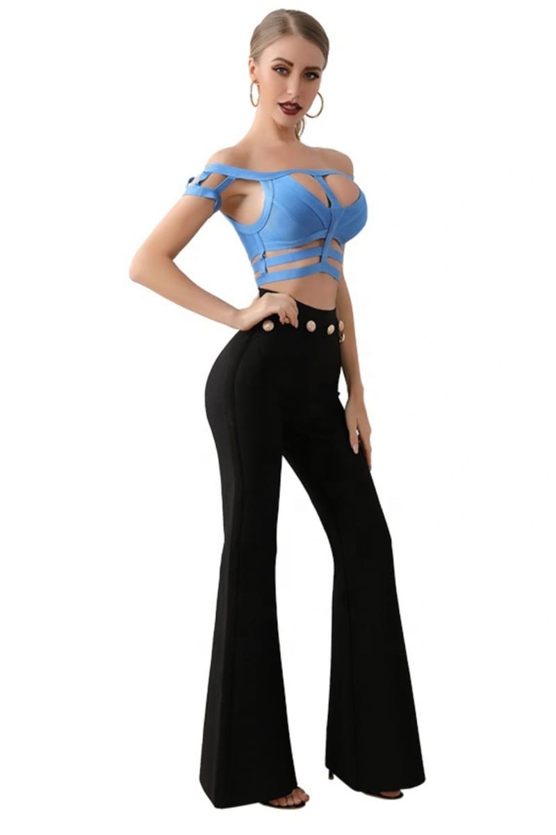 Blue Off Shoulder Cut Out Bandage Crop Top Shirts & Tops