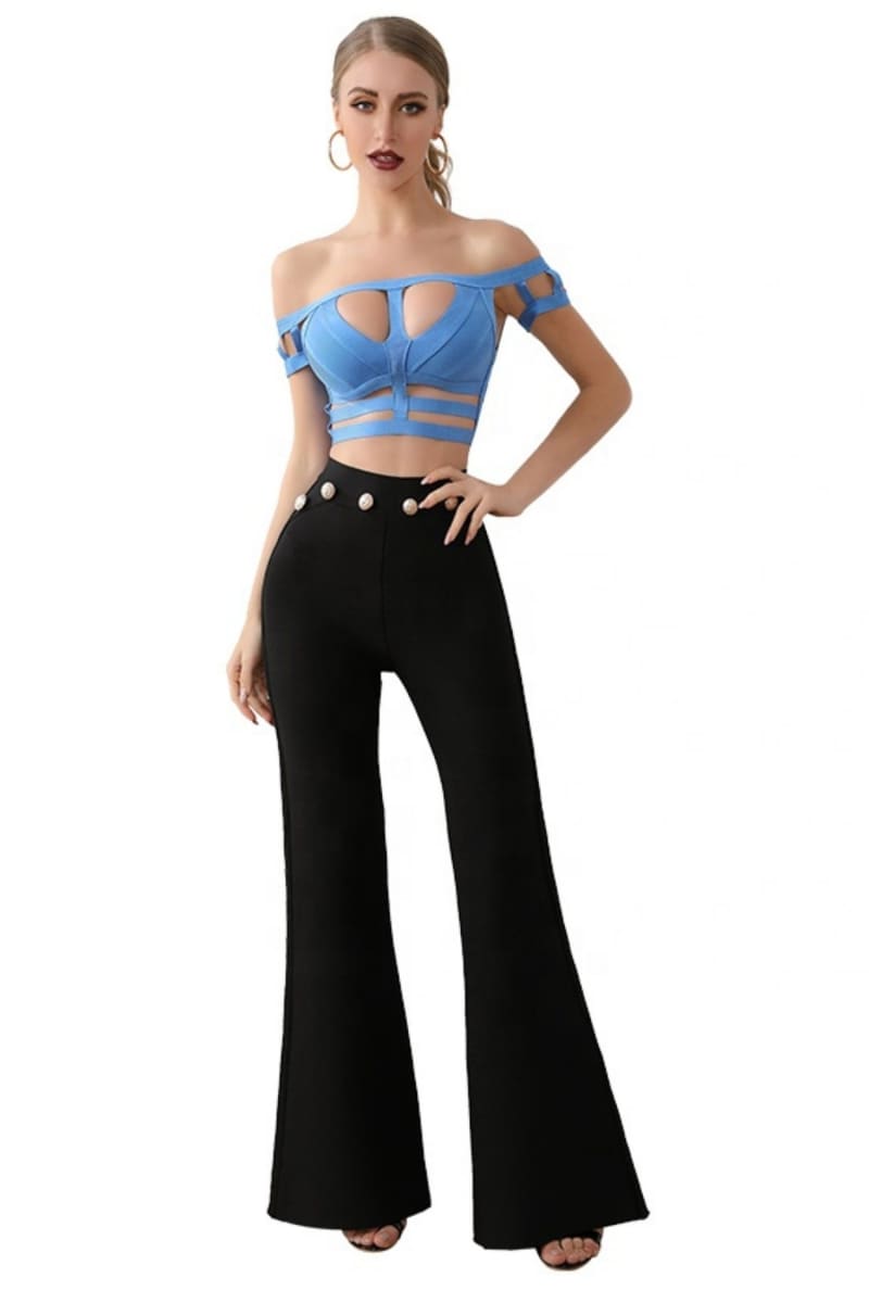 Blue Off Shoulder Cut Out Bandage Crop Top Shirts & Tops