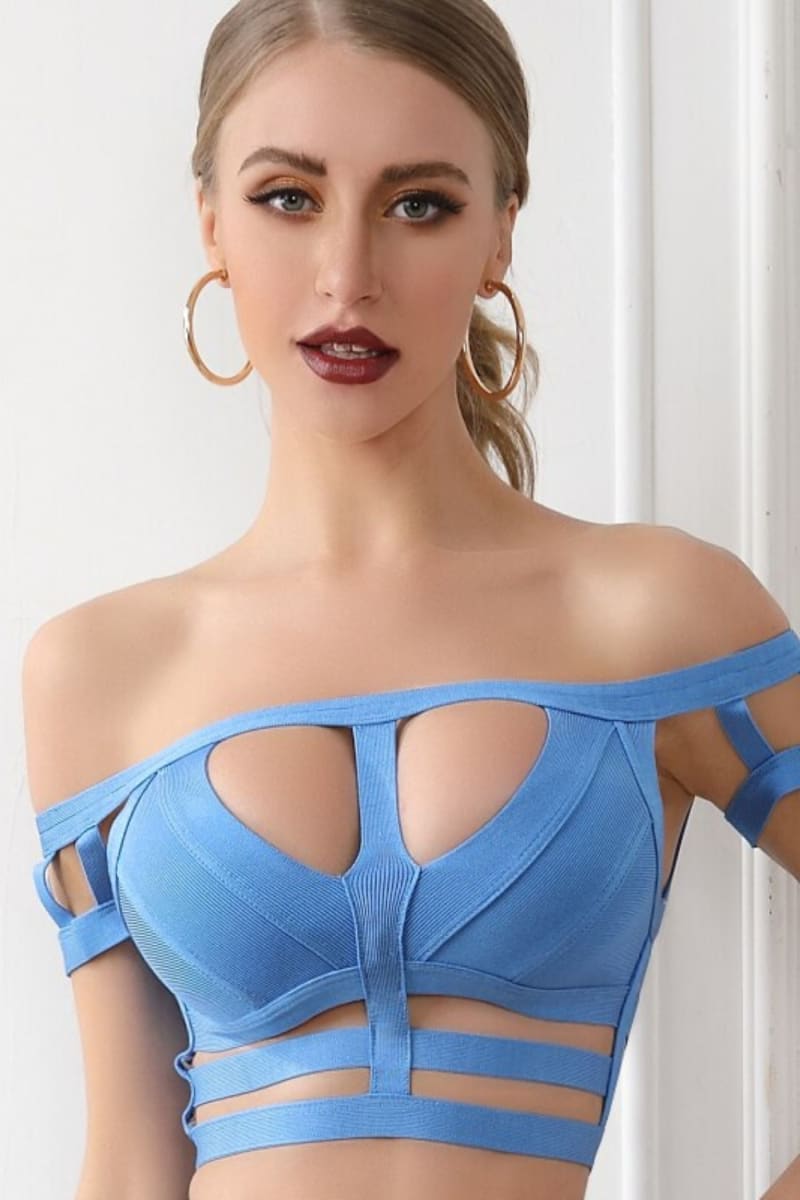 Blue Off Shoulder Cut Out Bandage Crop Top Shirts & Tops