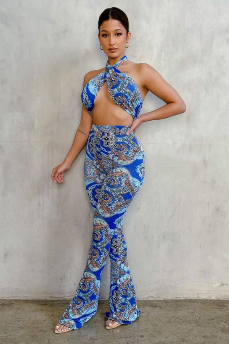 Blue Paisley High Waist Flare Pants & Halter Top Set S / Set