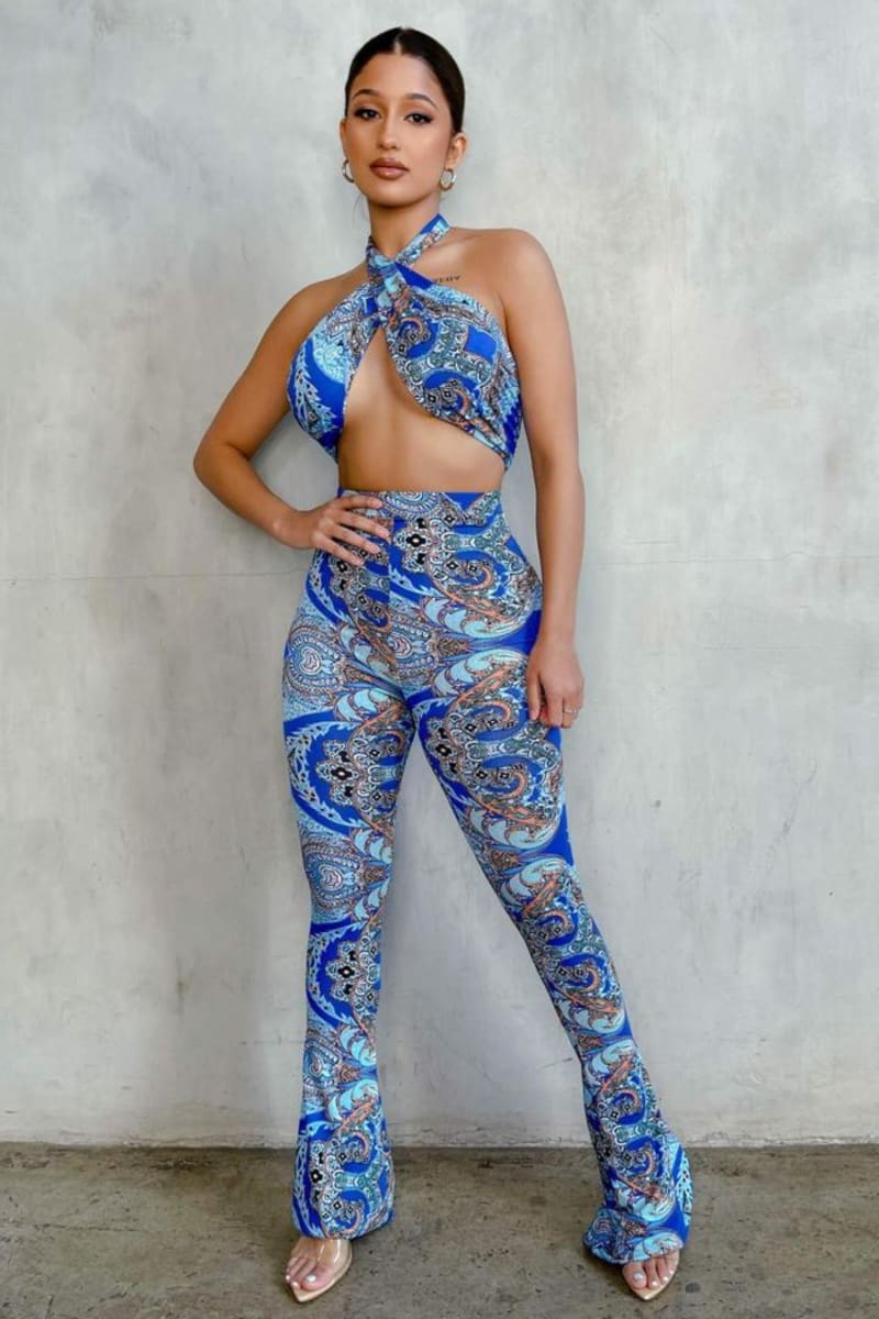 Blue Paisley High Waist Flare Pants & Halter Top Set Set