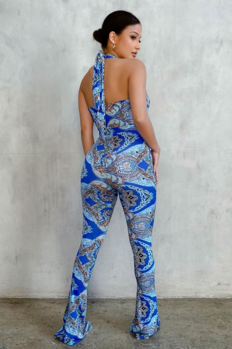 Blue Paisley High Waist Flare Pants & Halter Top Set Set