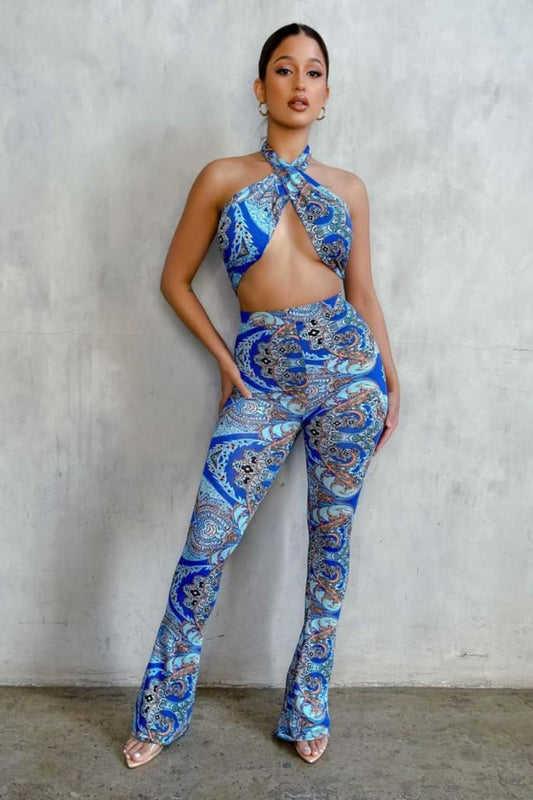 Blue Paisley High Waist Flare Pants & Halter Top Set Set