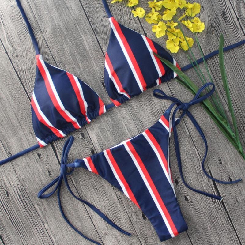 Blue Striped Tie Halter Triangle Bikini Bikini