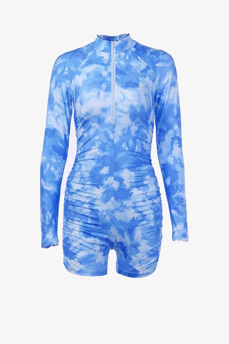 Blue Tie-Dye Long Sleeve Ruched Romper