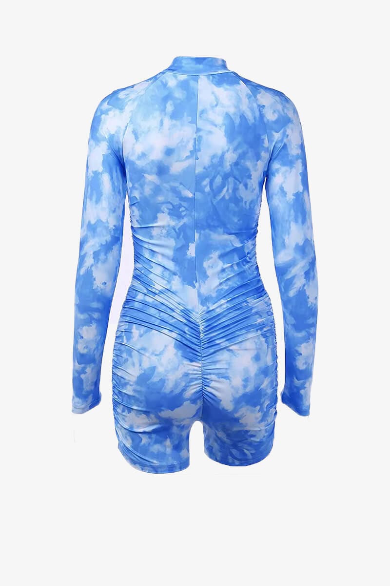 Blue Tie-Dye Long Sleeve Ruched Romper