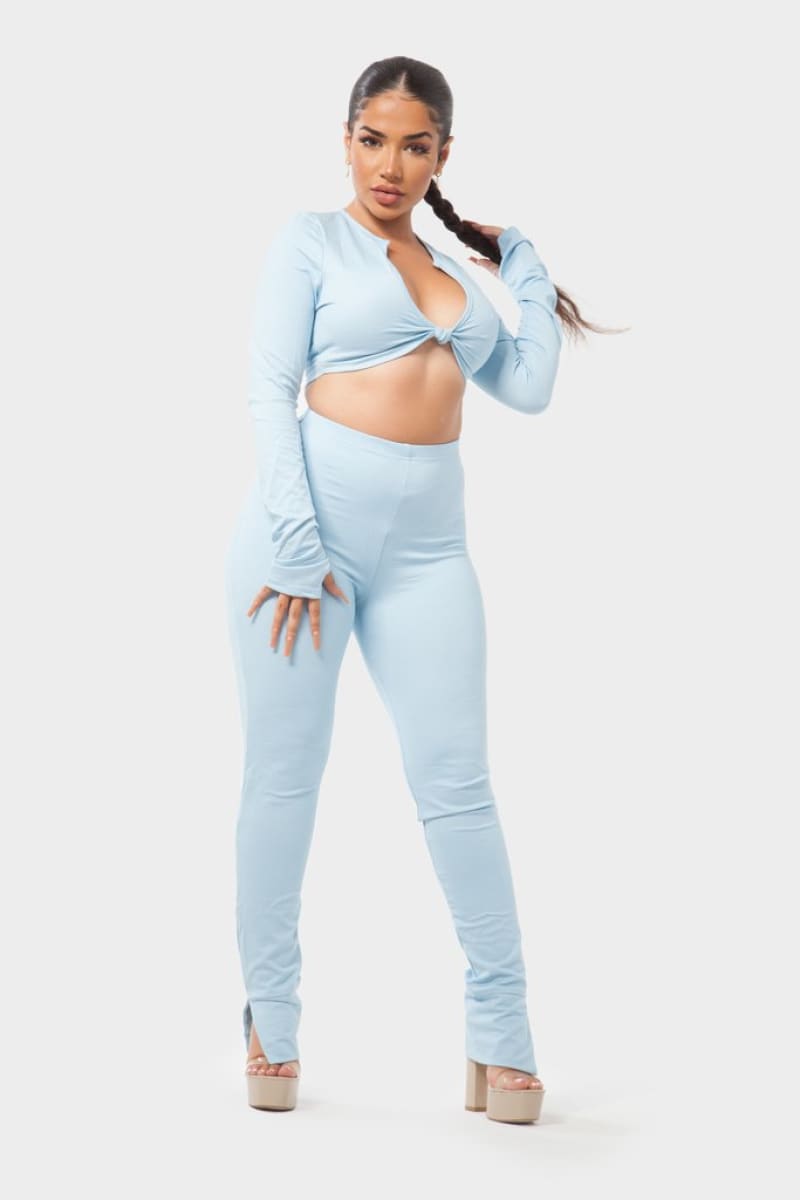 Blue Tie Front Crop Top And High Waist Pant Set Set