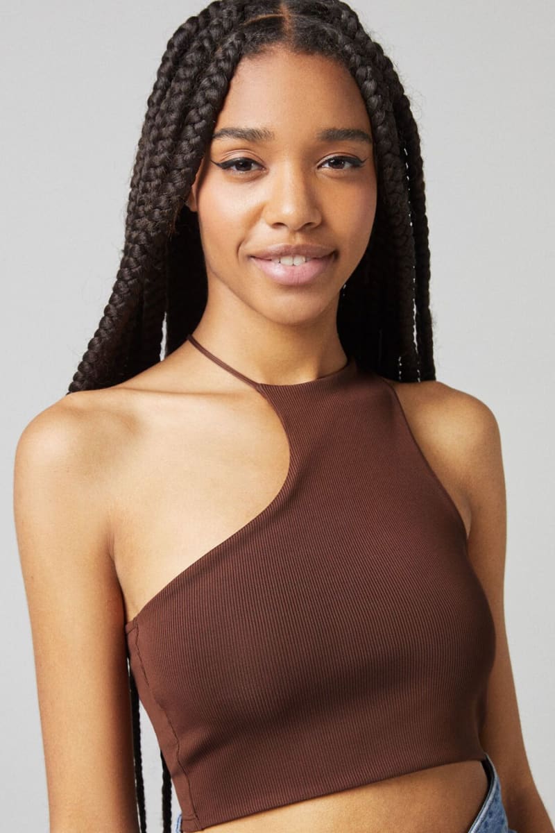 Brown Asymmetrical Halter One Shoulder Crop Top Shirts & Tops