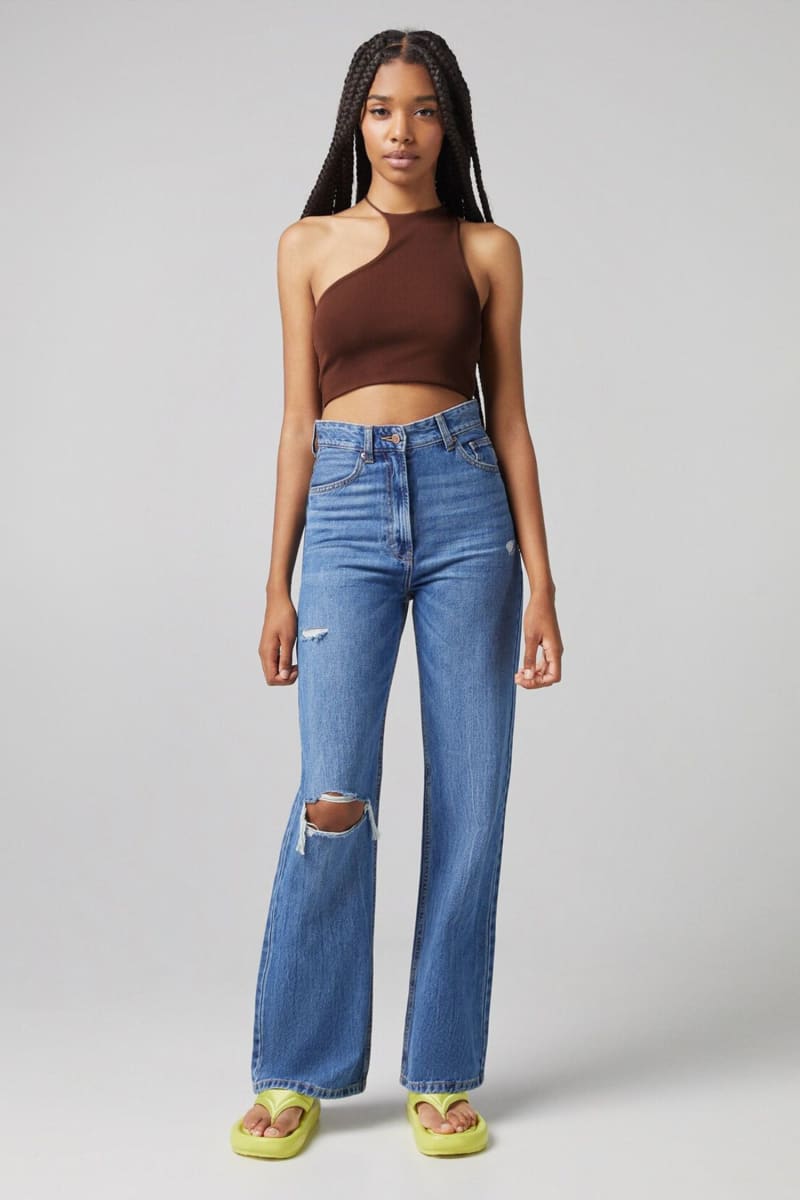 Brown Asymmetrical Halter One Shoulder Crop Top Shirts & Tops