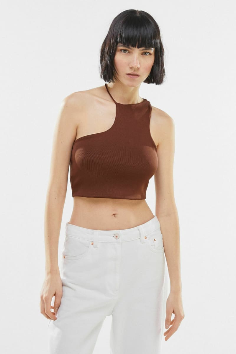 Brown Asymmetrical Halter One Shoulder Crop Top Shirts & Tops