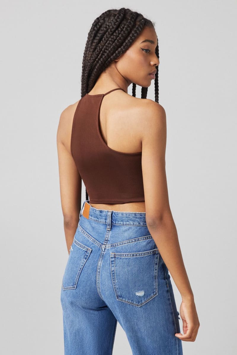 Brown Asymmetrical Halter One Shoulder Crop Top Shirts & Tops