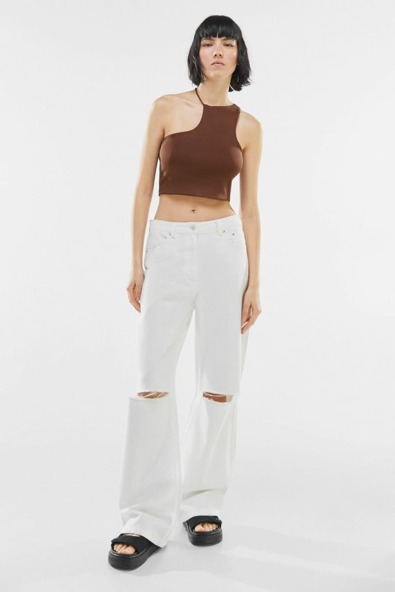 Brown Asymmetrical Halter One Shoulder Crop Top Shirts & Tops