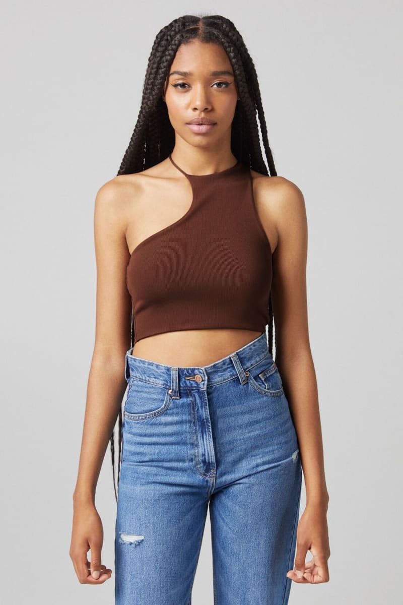 Brown Asymmetrical Halter One Shoulder Crop Top Shirts & Tops