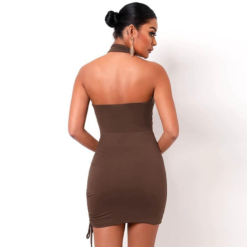 Brown Halter Wrap Ruched Cutout Mini Dress Dress