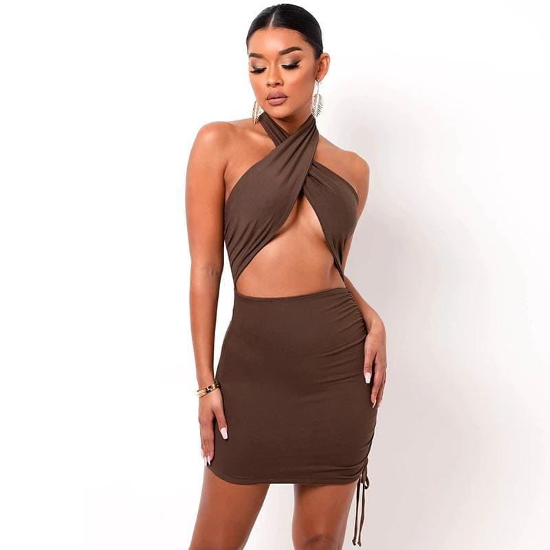 Brown Halter Wrap Ruched Cutout Mini Dress IRHAZ