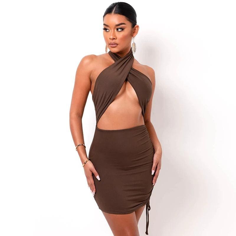 Brown Halter Wrap Ruched Cutout Mini Dress Dress