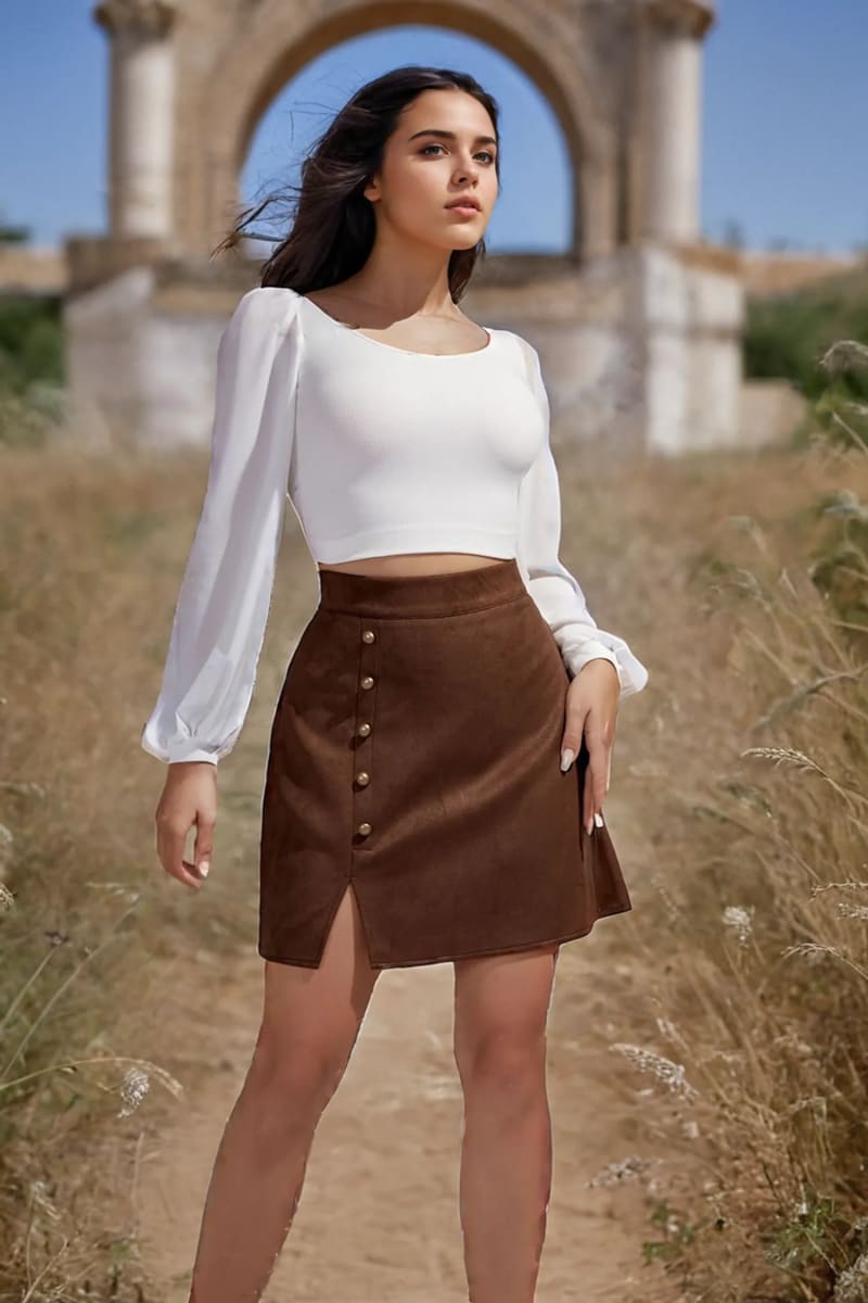 Brown High Waisted Button Suede Mini Skirt / S