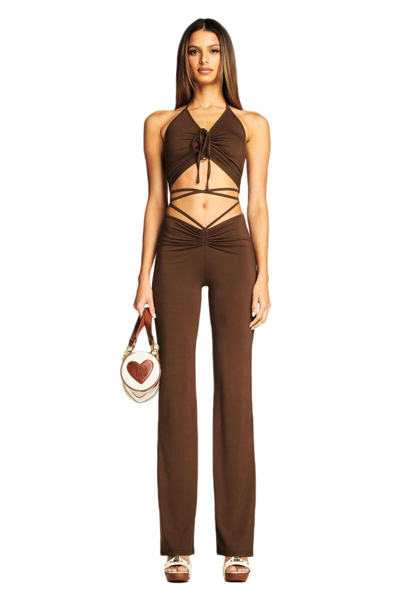 Brown Lace-Up Ruched Flare Pants & Halter Crop Top Set