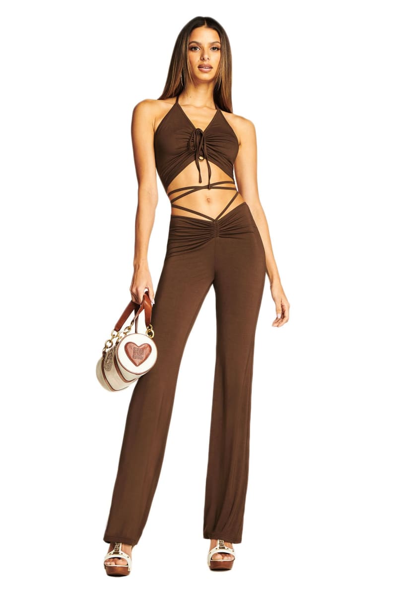 Brown Lace-Up Ruched Flare Pants & Halter Crop Top Set