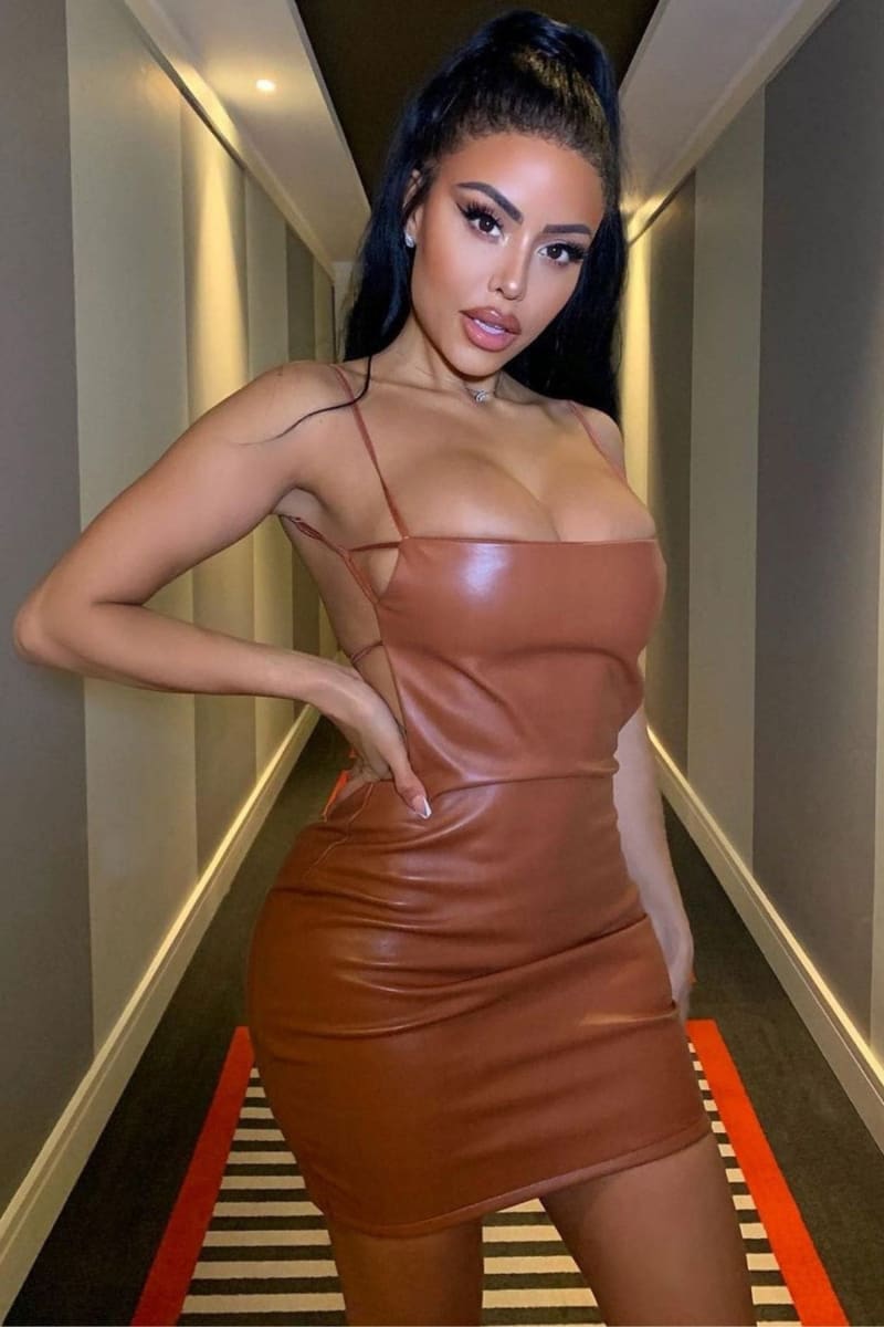 Brown Leather Backless Short Dress Dresses