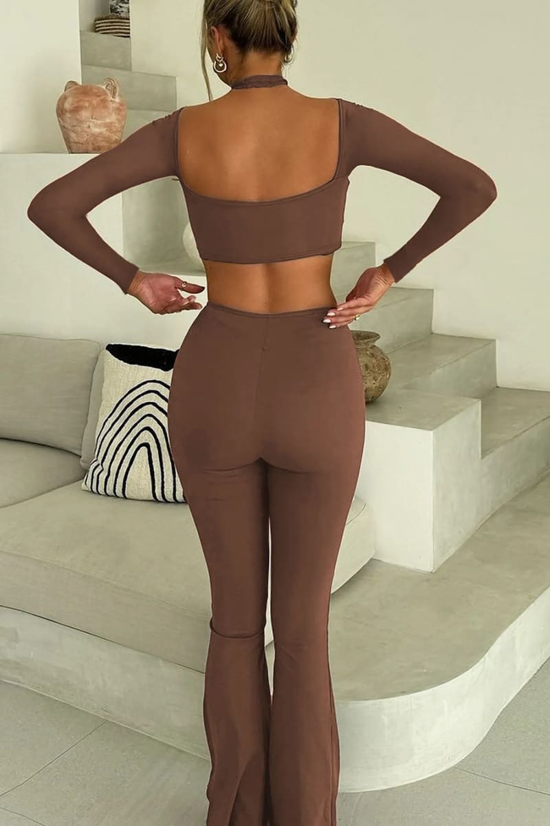 Brown Long Sleeve Twisted Cutout Two Piece Flare Pants Set