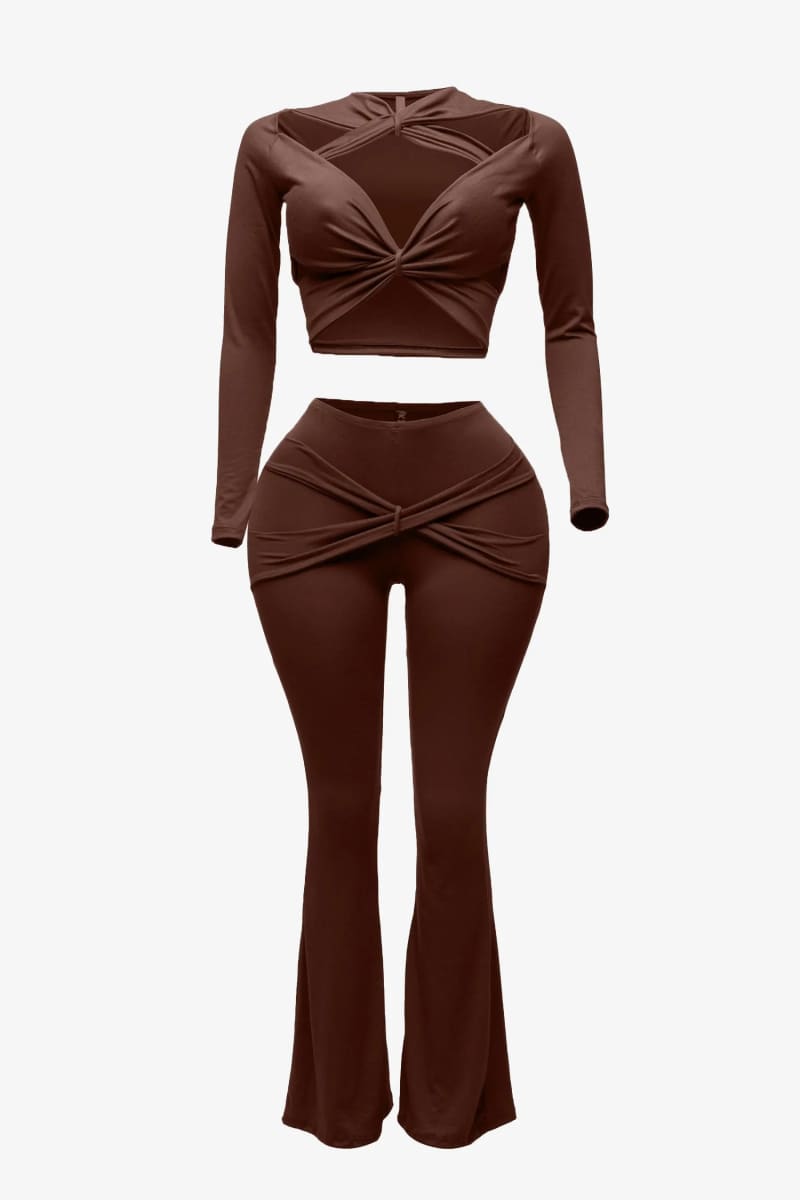 Brown Long Sleeve Twisted Cutout Two Piece Flare Pants Set