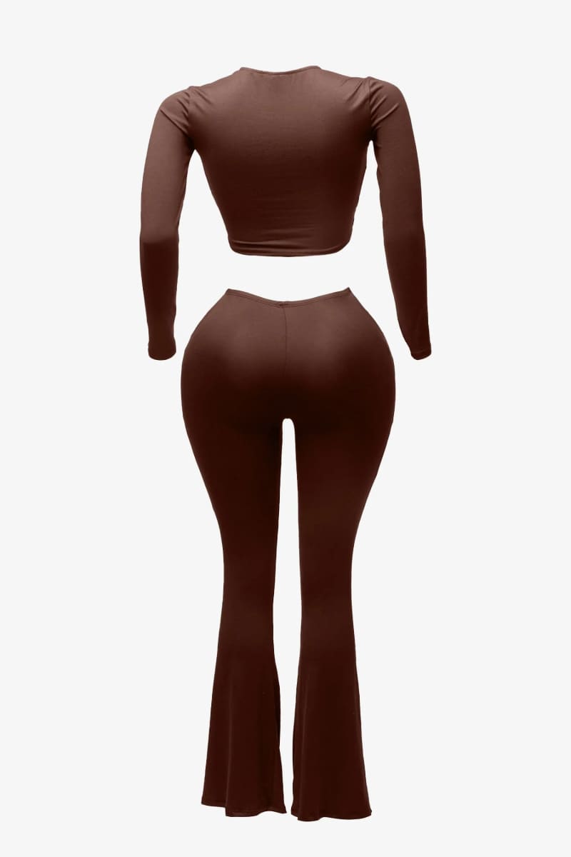 Brown Long Sleeve Twisted Cutout Two Piece Flare Pants Set