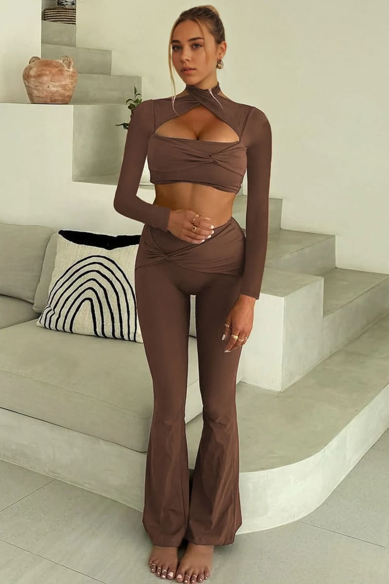 Brown Long Sleeve Twisted Cutout Two Piece Flare Pants Set / S