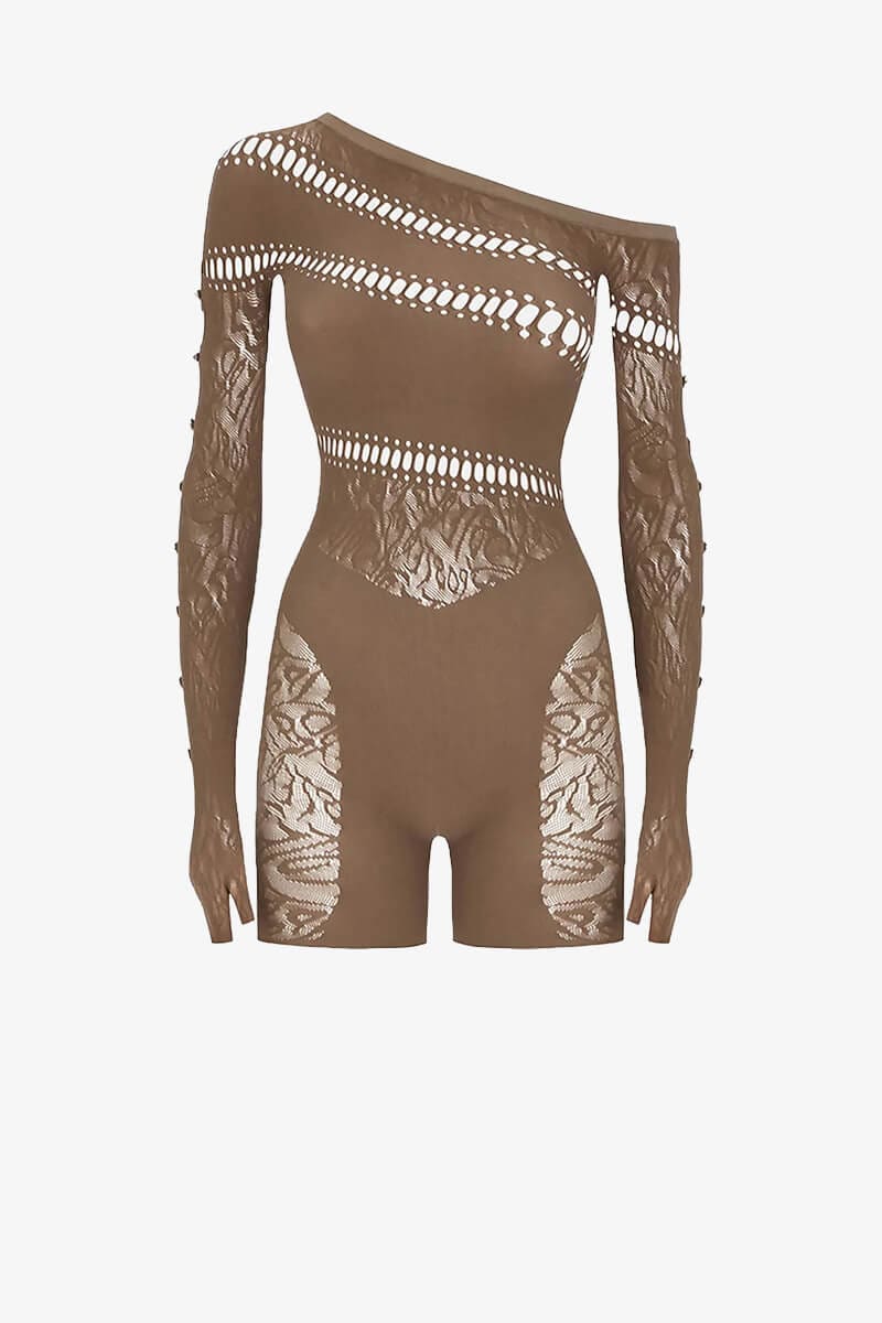 Brown Long Sleeves Lace Cutout Romper